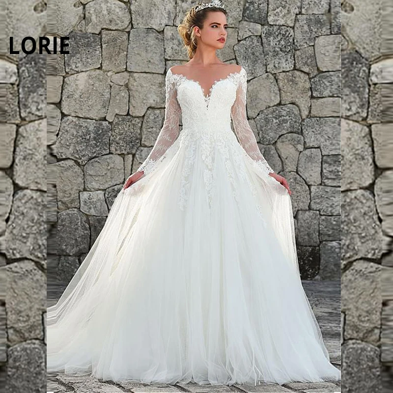 

LORIE 2019 Nice Tulle & Lace Jewel Neckline A-line Wedding Dress With Lace Appliques Wedding Gowns Long Sleeve vestido de noiva