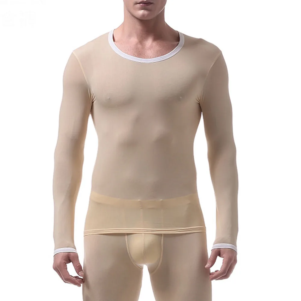 

2018 New Autumn Winter Man Super Thin Thermal Undershirt T-Shirt Ice Silk T Shirts Long Sleeves Tops Tees Long John (No Pants)