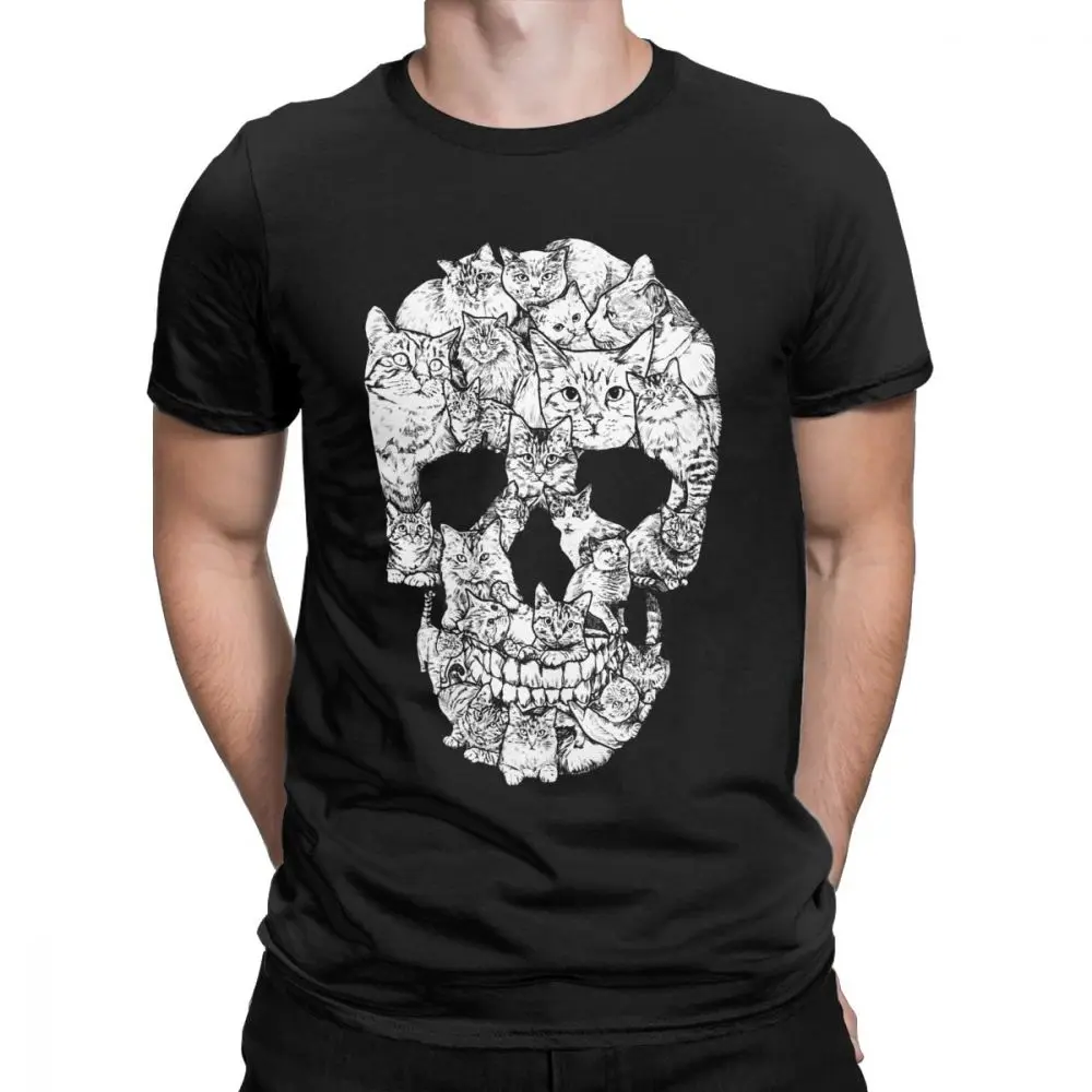 Уникальная футболка для мужчин с кошкой, черепом, скелетом, ужасом, страшным, хлопковая футболка, котенок, готика, панк, футболки с символикой Хэллоуина, идея подарка - Цвет: Черный