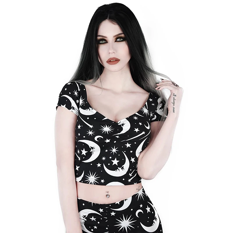 WannaThis Moon Stars Печатный укороченный Топ для женщин короткий рукав кроп Топы Черный готичный панк стиль Глубокий v-образный вырез Тонкий Повседневный сексуальный топ топы