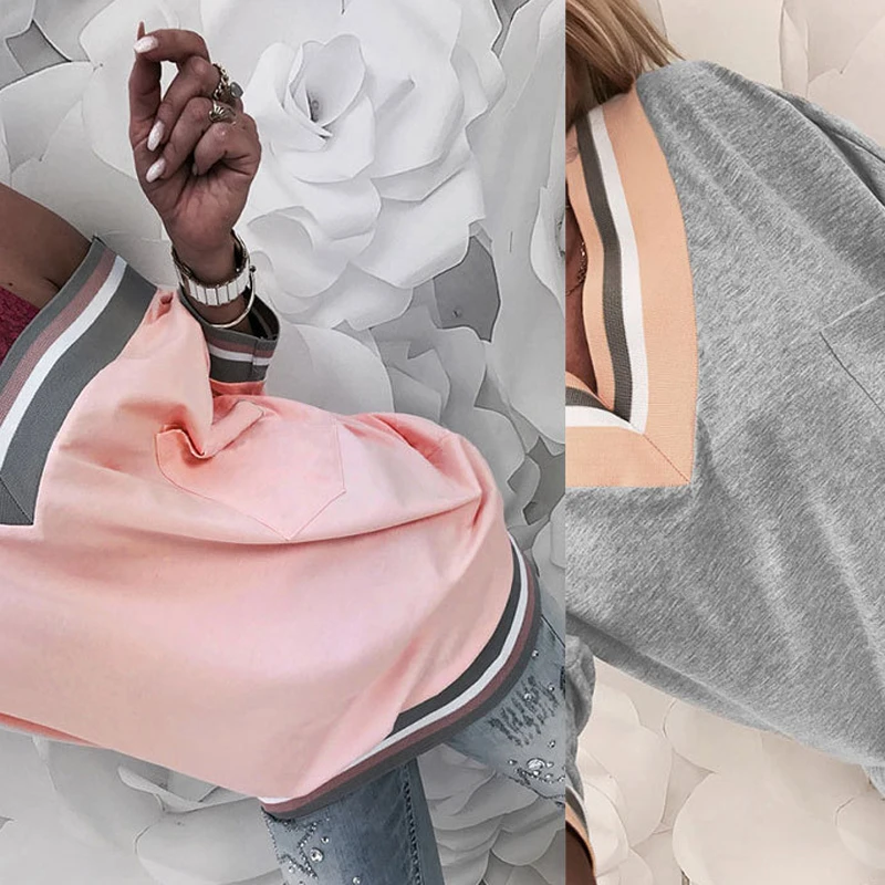 

Sexy V-Neck Long-Sleeved Loose Splicing Top Casual Fashion Women T-Shirt V Neck Solid Women's Summer Blouses 2018