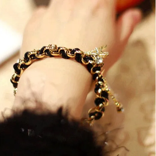 Модные ювелирные изделия Многоэлементная Золотая цепочка кожаный шнур кристалл