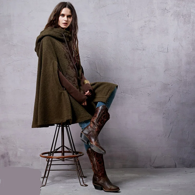 Зимняя Вышивка с капюшоном утолщенная теплая Женская шерстяная верхняя одежда