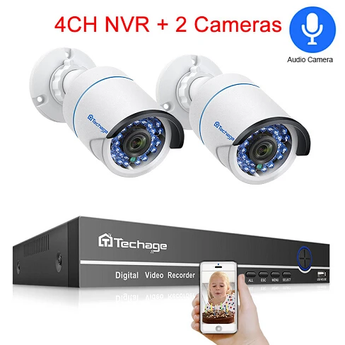 Techage H.265 4CH 1080P POE NVR комплект CCTV система безопасности 2.0MP аудио микрофон IP камера ИК Открытый комплект видеонаблюдения - Цвет: 4CH NVR and 2 Camera