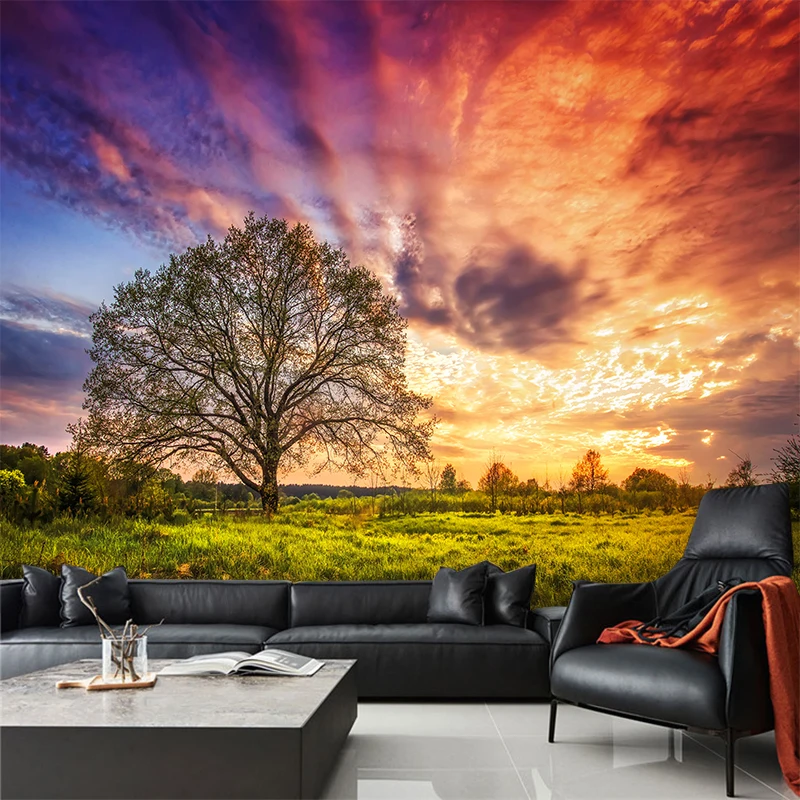 Custom any size wall mural wallpapers Modern fashion Sunset Big tree Grassland Wallpaper Wall Sticker YBZ079 | Дом и сад