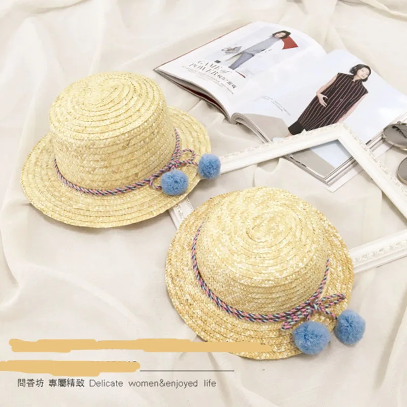 

child Girl adult female summer hat British princess curling straw Parenting Hairball hat dome flat roof beach sunscreen lm28