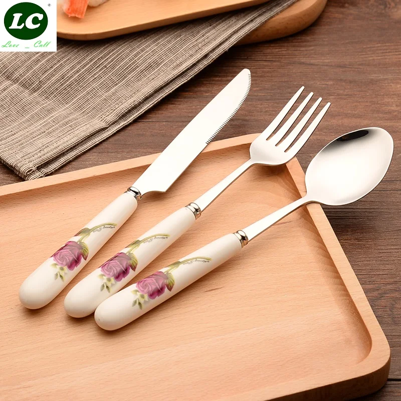 

3pcs Ceramic Handle Stainless Steel West Tableware Cutlery kitchen knives Fork Spoon Set Dinnerware Steak Knife Fork