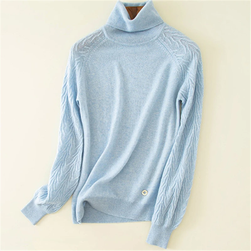 

100% goat cashmere knit women fashion high collar pullover sweater vintage solid color M/L