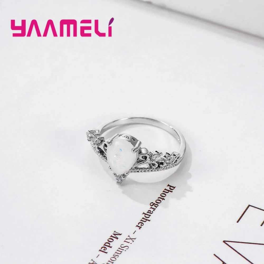 Elegant Noble Princess Women Finger Rings Crown Design Water Drop Shape Opal 925 Sterling Silver Cubic Zirconia Jewelry | Украшения и
