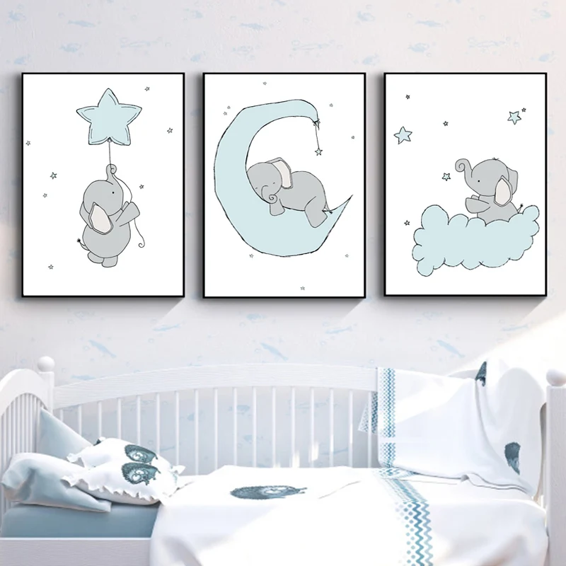 Modern Light Blue Wall Art Elephant Nursery Canvas Painting Funny Animal Posters and Prints Pictures for Living Kids Room Decor | Дом и сад