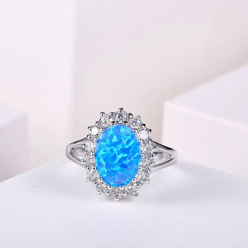 ZHE FAN Trendy Big Oval Egg Shape Blue Fire Opal Ring AAA Cubic Zircon Halo Engagement Wedding Rings for Women White Pink Brown | Украшения