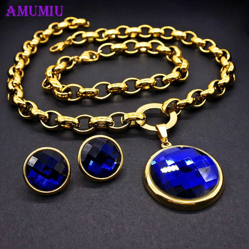 

AMUMIU Luxury Blue Austrian Crystal Jewelry Sets Gold Necklace Bracelet Earrings Set For Women Female Party High Quality JS166