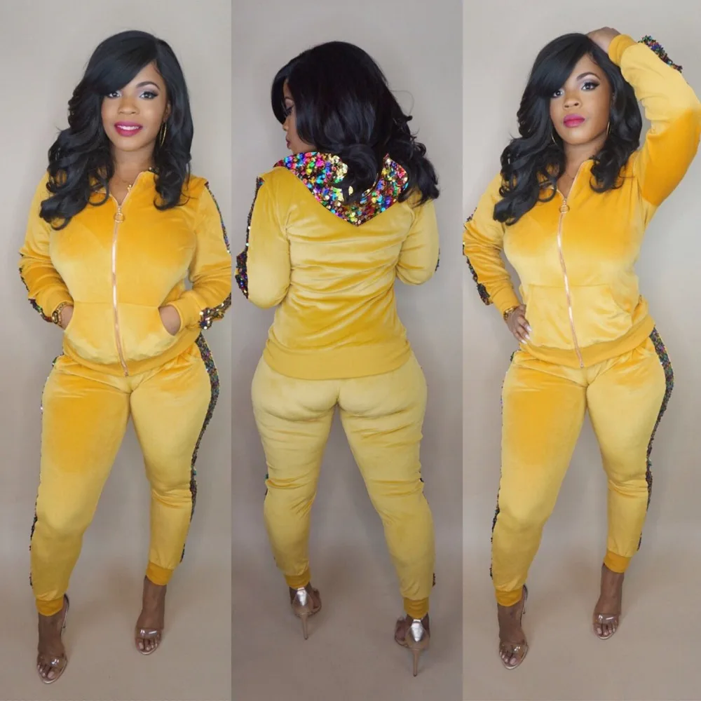 Velvet Autumn Winter Women Hoodie Tops With Pants Women Two Piece Set
