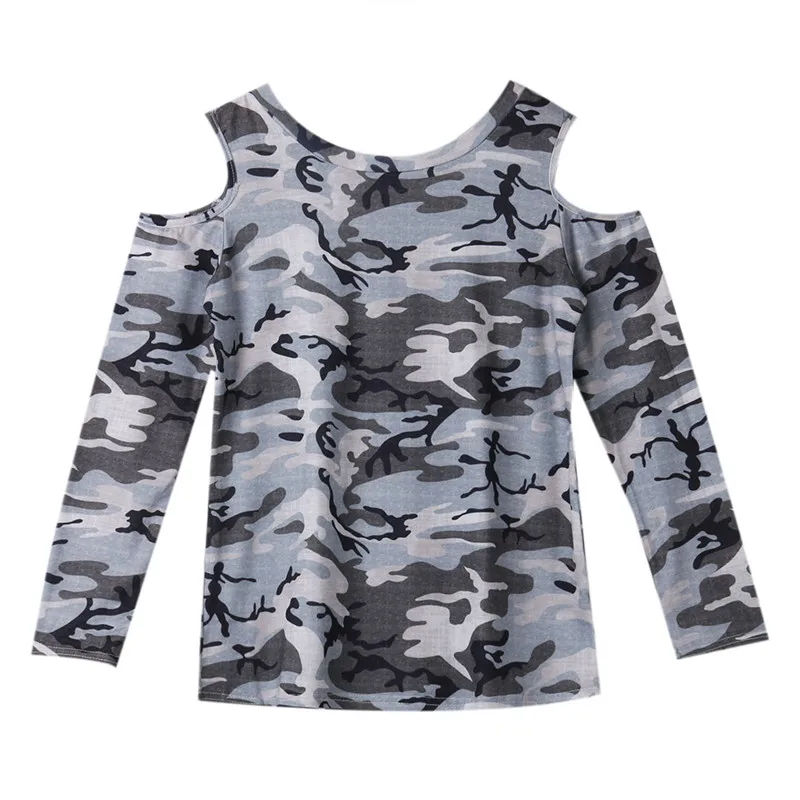 Распродажа камуфляжная футболка Для женщин Long Sleeve Cold Shoulder Топы корректирующие осень г. свободные Футболки для девочек стильная женская обувь круглый Средства ухода за кожей шеи вырезать футболка