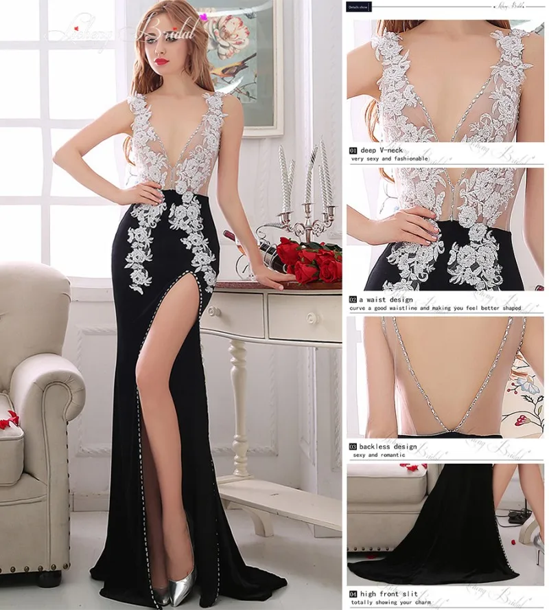 Licheng Bridal black evening dress long mermaid lace appilques prom high slit party v-neck gowns | Свадьбы и торжества