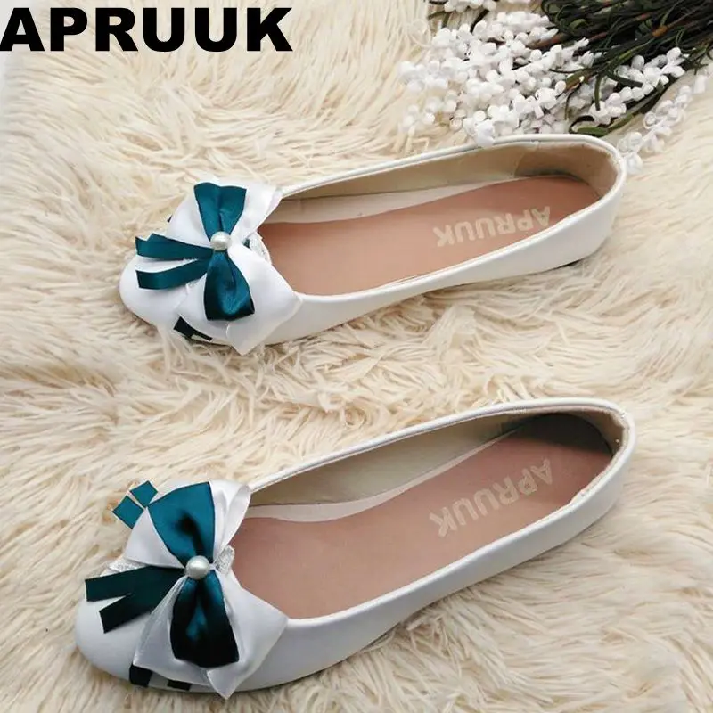 

Sweet casual flats shoes woman round toe slip on green white bow bowtie lady party flats shoes ballet flats comfortable flats