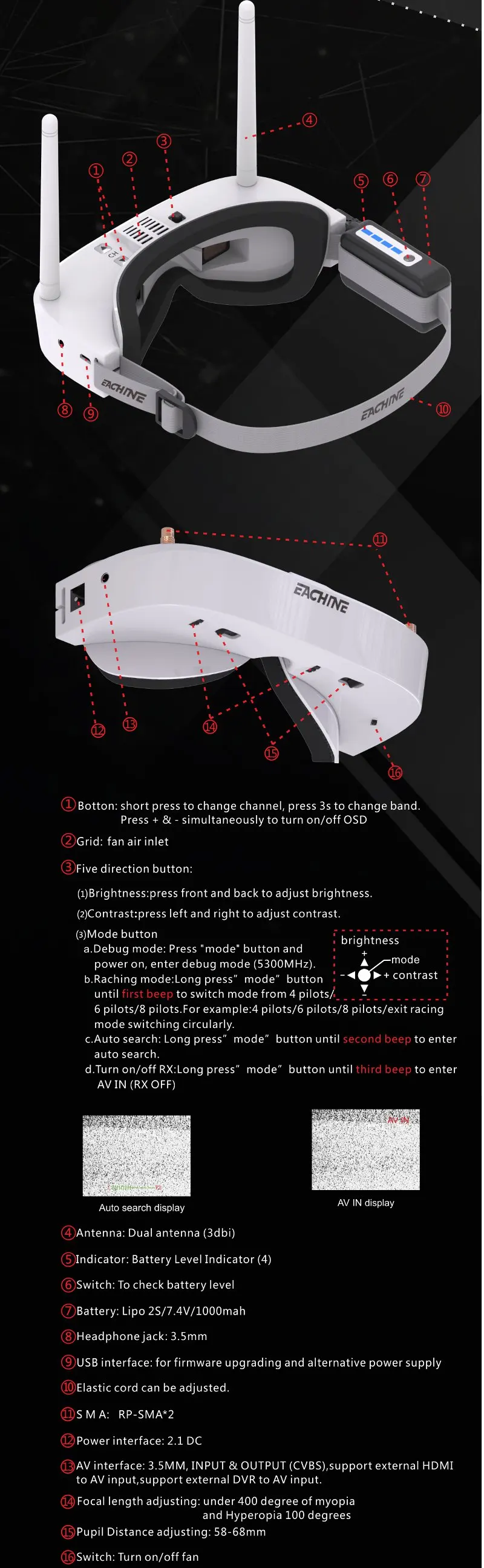 Eachine EV100 720*540 5,8G 72CH FPV очки с двумя антеннами вентилятора 7,4 V 1000mAh батарея FPV Дрон VS Fatshark Aomway