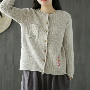 Literature Emboridery Floral Pocket Knitted Cardigans Autumn Outerwear Long Sleeve Single Breasted Womens Sweaters Vintage Pull |