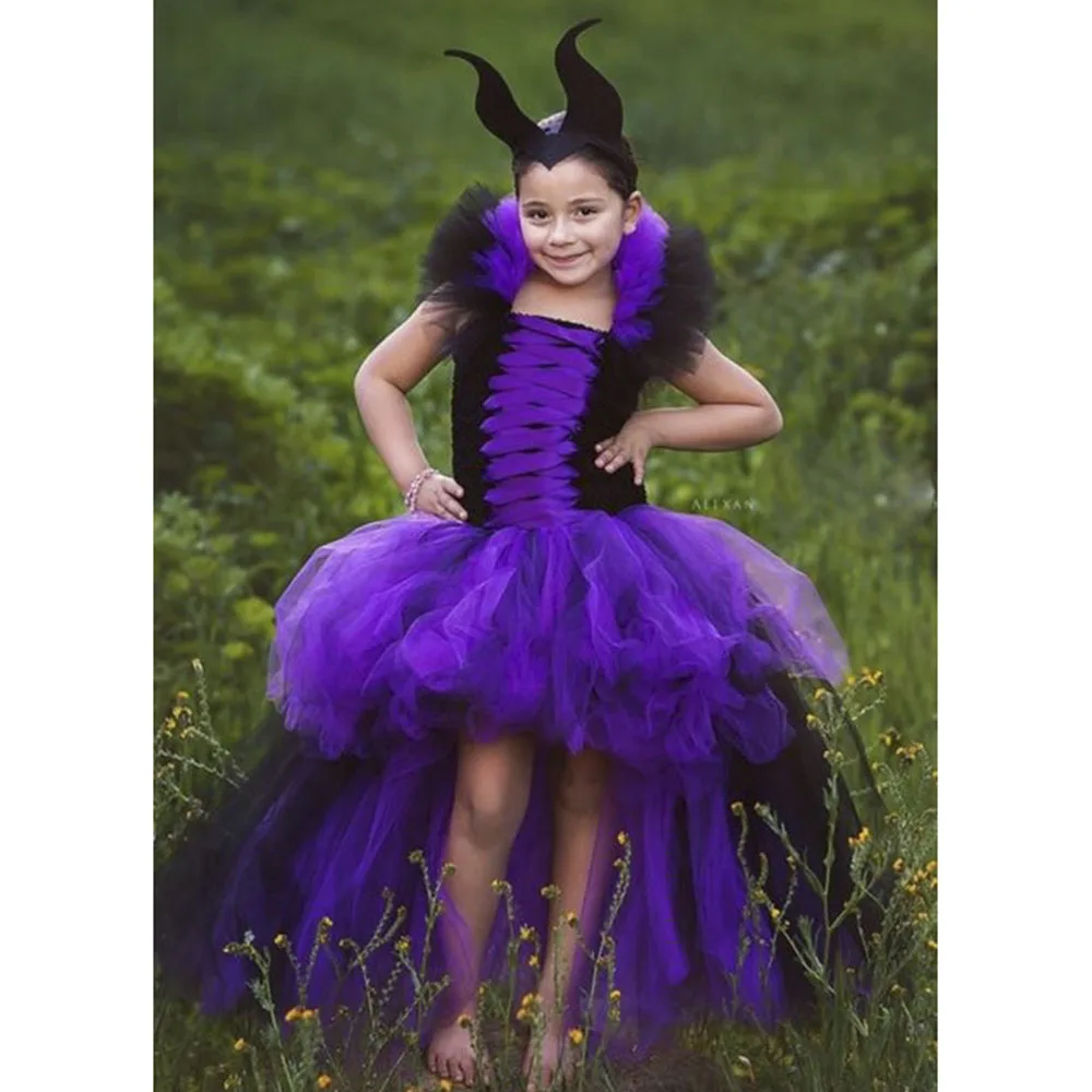 Maleficent Sleeping Curse Costume Girls Purple Tutu Dresses Black Evil Dark Witch Outfit Kids Holidays Cosplay Wizard Clothes | Детская
