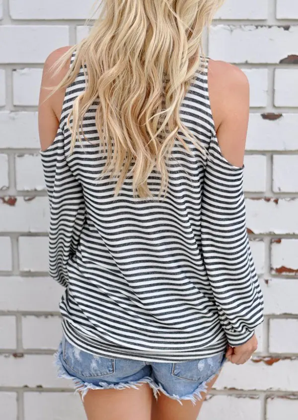 Классические женские Striped Cold Shoulder Shirt бутик рубашки отверстие Повседневная