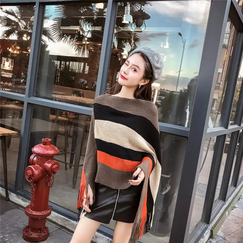 Irregular Cape Fashion Tassel Cloak Women Big size Pullovers 2020 New Knitted Shawl Sweater Loose Striped Knit Jacket f340 |