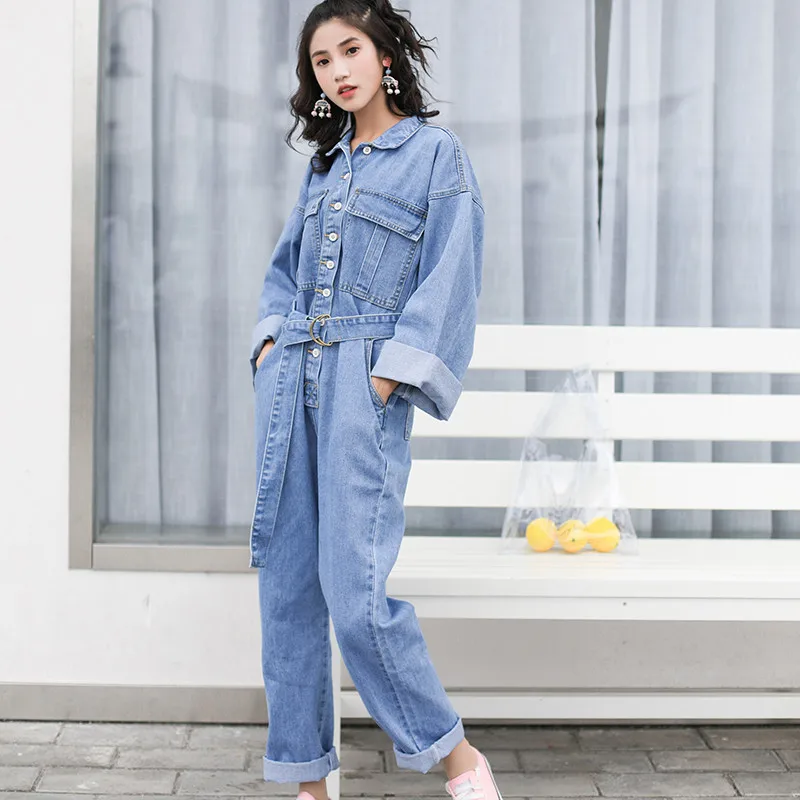 

Plus Size Jeans Jumpsuit Turn Down Collar Long Sleeve Casual Denim Rompers Denim Jumpsuits With Belt Fashion Overalls Okd244