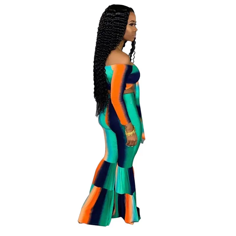 

Summer Tie Dye Sexy Two Piece Set Women Clothing Off Shouelder Crop Top+Flare Pants 2 Piece Set Club Outfits Matching Sets