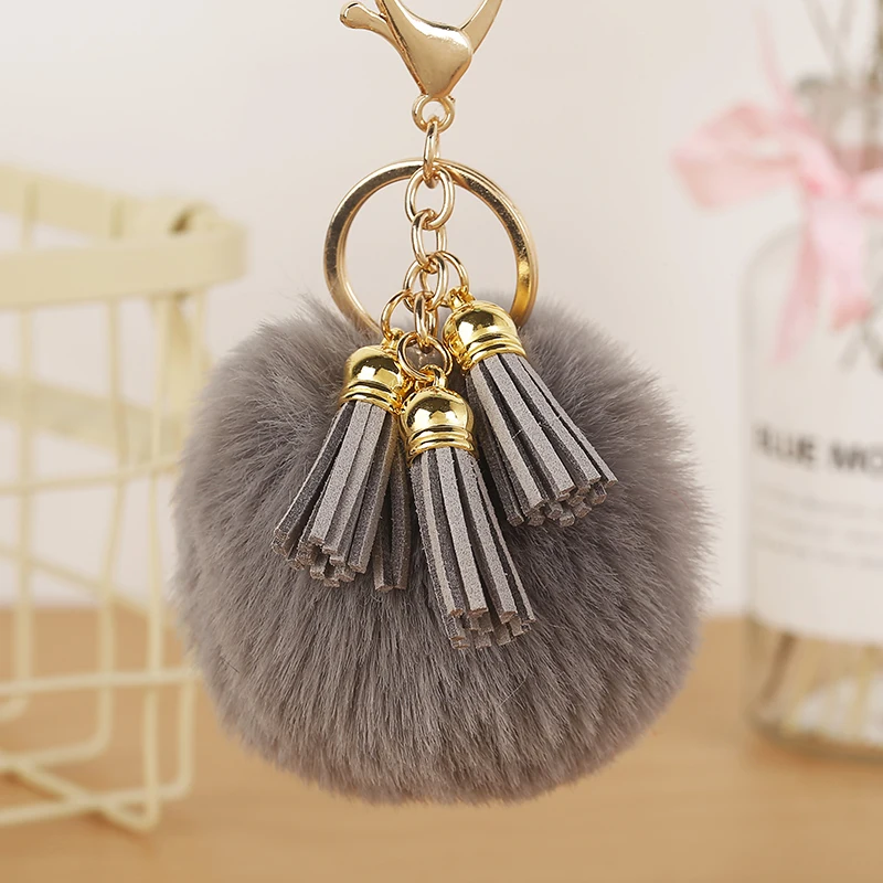 

New Pompom Fur Ball Car Key Ring Pendant Fur Ball Keychain with Leather Tassel for Women Key Chian POM POM Keychain EH887