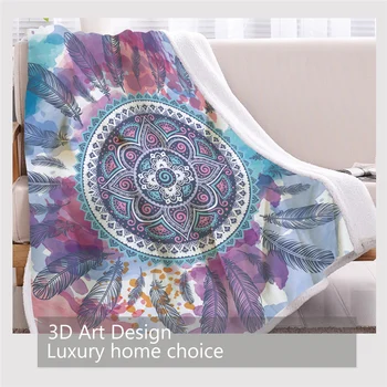 BlessLiving Watercolor Mandala Blanket Hippie Feathers Sherpa Flannel Fleece Reversible Blankets Bed Couch Fluffy Bedding 3