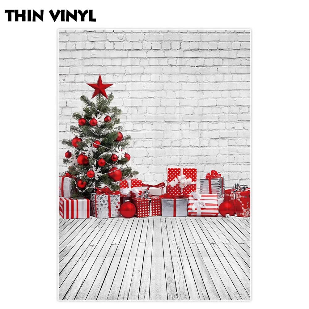 Funnytree photography backdrops white brick wood floor christmas tree gifts decorations background for photo studio photocall |