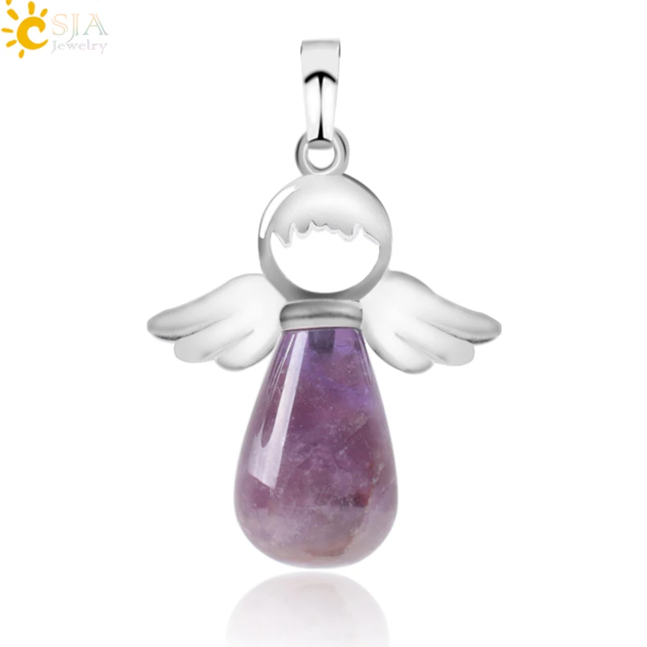 Amethyst CSJA, натуральные камни, ангелы, крылья, подвеска для ожерелья, розовый кварц, Ониксовые подвески, серебряный цвет, капля воды, Женские Ювелирные изделия, подарок E949 - Окраска металла: Amethyst