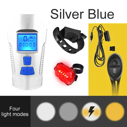 Silver with odometer Велосипедный светильник, перезаряжаемый через Usb, светодиодный, дорожный, передний, вспышка, светильник, Аксессуары для велосипеда, компьютер, одометр, колокольчик, динамик, 3 в 1 вариант - Цвет: Silver with odometer