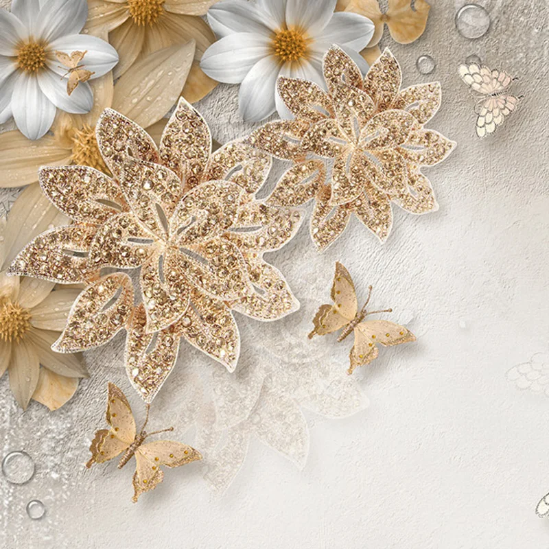 Custom Mural Wallpaper For Bedroom Walls 3D Luxury Gold Jewelry Flower Butterfly Background Wall Papers Home Decor Living Room|wallpaper for bedroom