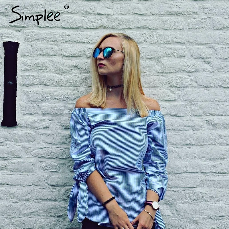 Женская голубая блузка Simplee с бантом женская летняя белая открытыми плечами