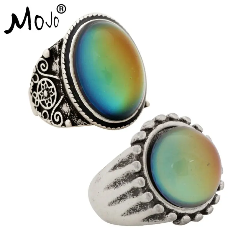 

2PCS Antique Silver Plated Color Changing Mood Rings Changing Color Temperature Emotion Feeling Rings Set For Women/Men 004-043
