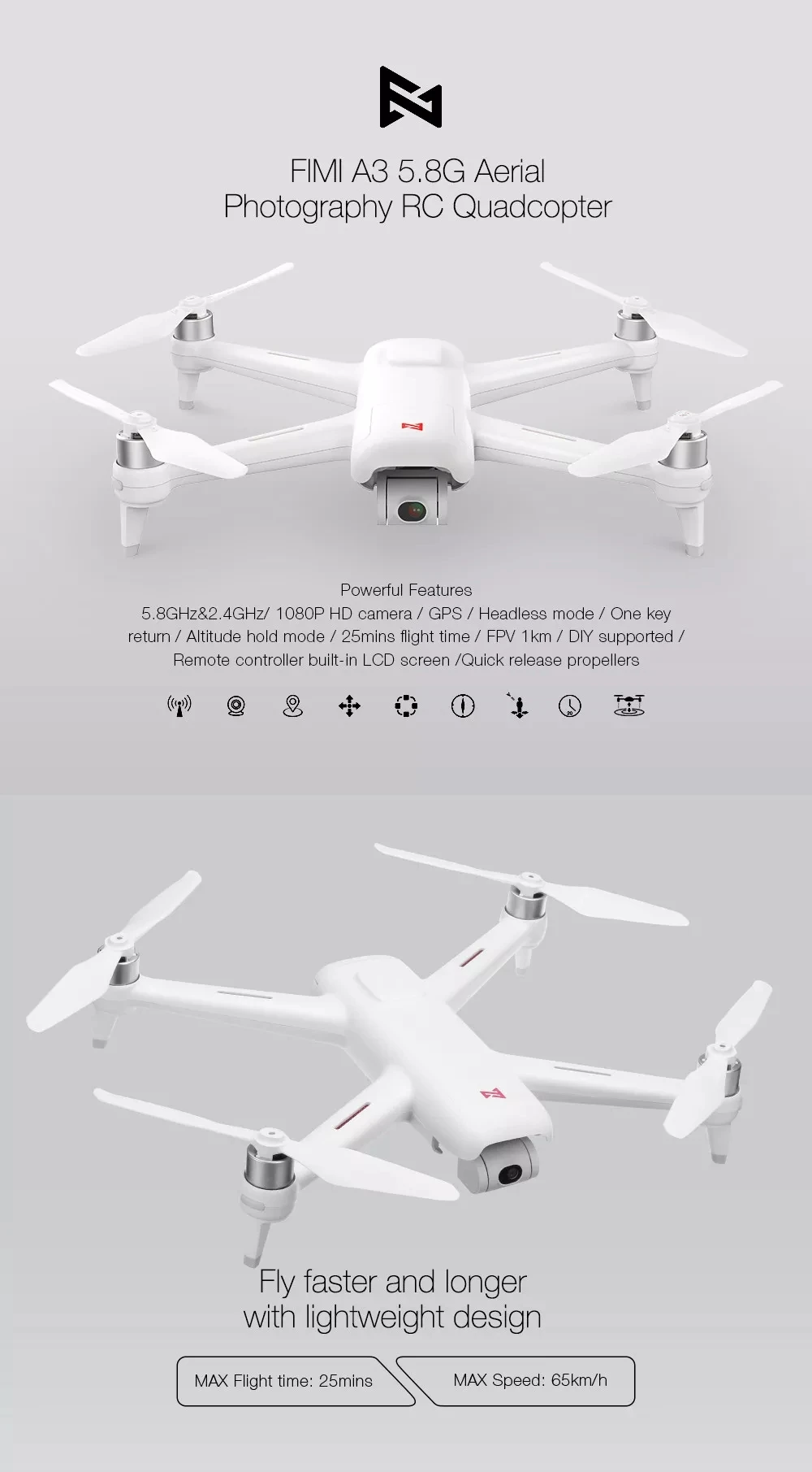 FIMI A3 5,8G gps Дрон 1 км с видом от первого лица 25 минут с 2-оси Gimbal 1080P Камера RC Quadcopter RTF р/у «Безголовый» режим Follow Me(следуй за мной