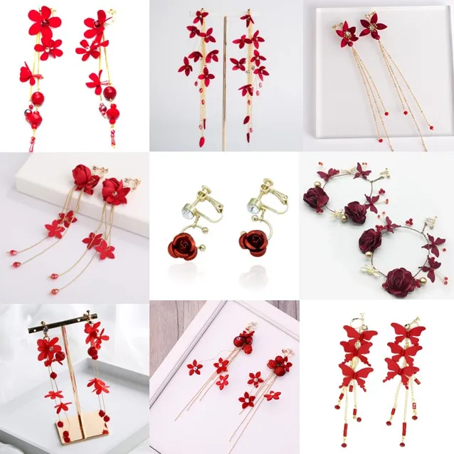 Серьги клипсы с красными цветами для невесты яркие красные серьги подарочные