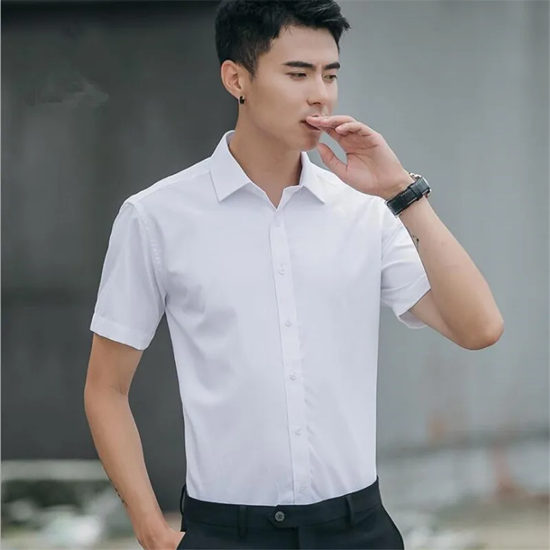 Quality Goods Business Men Shirt Solid Color Summer Shorts Sleeve White Men's Clothing Shirts Tops Plus Size Office OL | Мужская