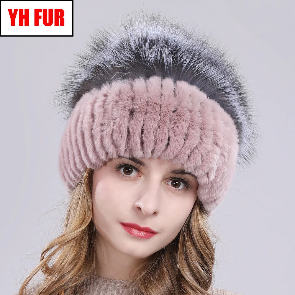 2020 Для женщин Настоящий мех кролика шапки бини Шапки вязаная эластичная 100%