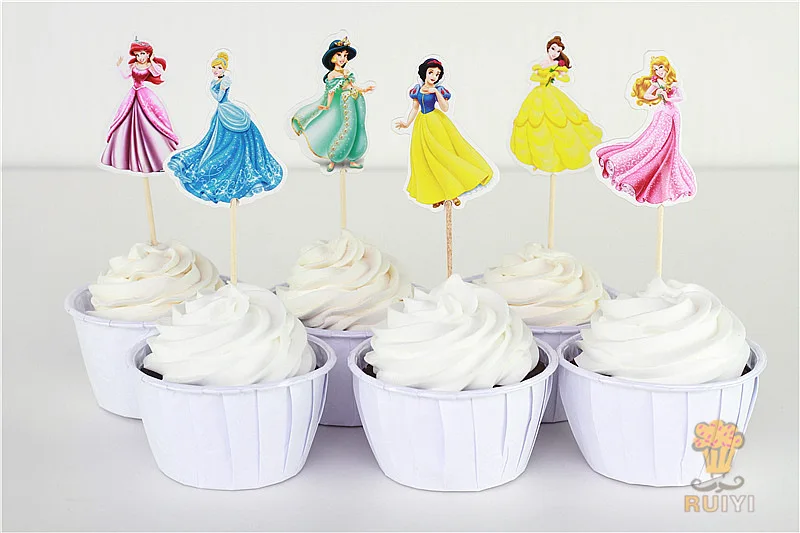 24pcs Cartoon White Snow Princess Toppers Picks Kids Favors Supplies Happy Birthday Party Baby Shower Decorations Cupcake Flags | Дом и сад