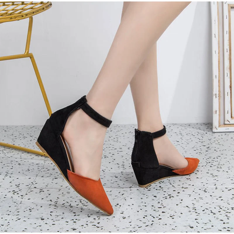 Women Wedge Ankle Strap Pumps Zipper Suede Leopard Pointed Toe Shallow Ladies Shoes Summer Plus Size Casual Sandals New Female