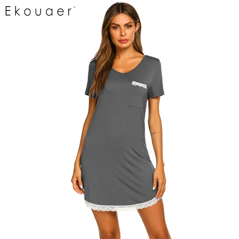 dark gray Ekouaer, летняя Ночная сорочка, ночная рубашка с круглым вырезом и коротким рукавом, кружевная ночная рубашка, мягкая домашняя одежда для сна, ночная рубашка - Цвет: dark gray