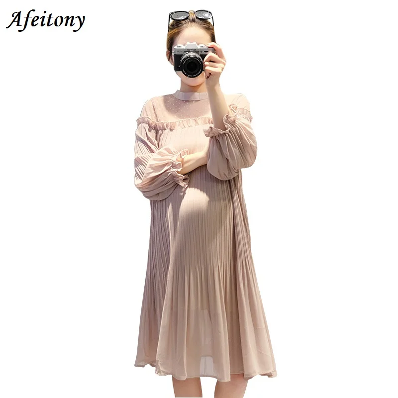 2017 Spring Plus Size Long Sleeved Lace Maternity Dresses Clothing Pleated Loose Bottoming Tops For Pregnant Women Clothes | Мать и