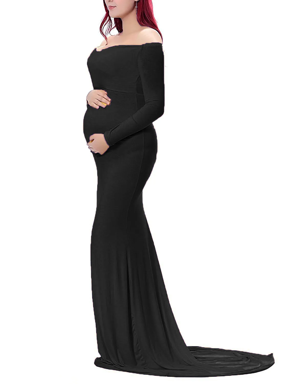 

Maternity Women Long Sleeve Floor Length Dresses High Waist Ruffle Hem Pregnancy Belly Care Solid Color Floor Mermaid Dresses