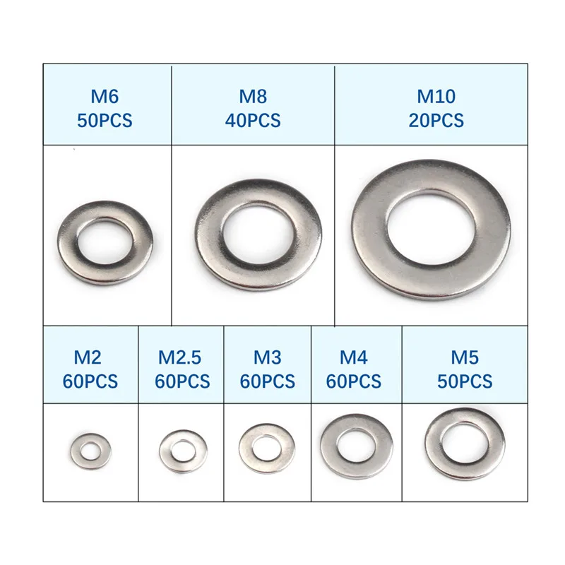 

400PCS M2-M10 Stainless Steel Washer Gasket Set Flat Ring Seal Washer Kit For Generators Machinery Accessories