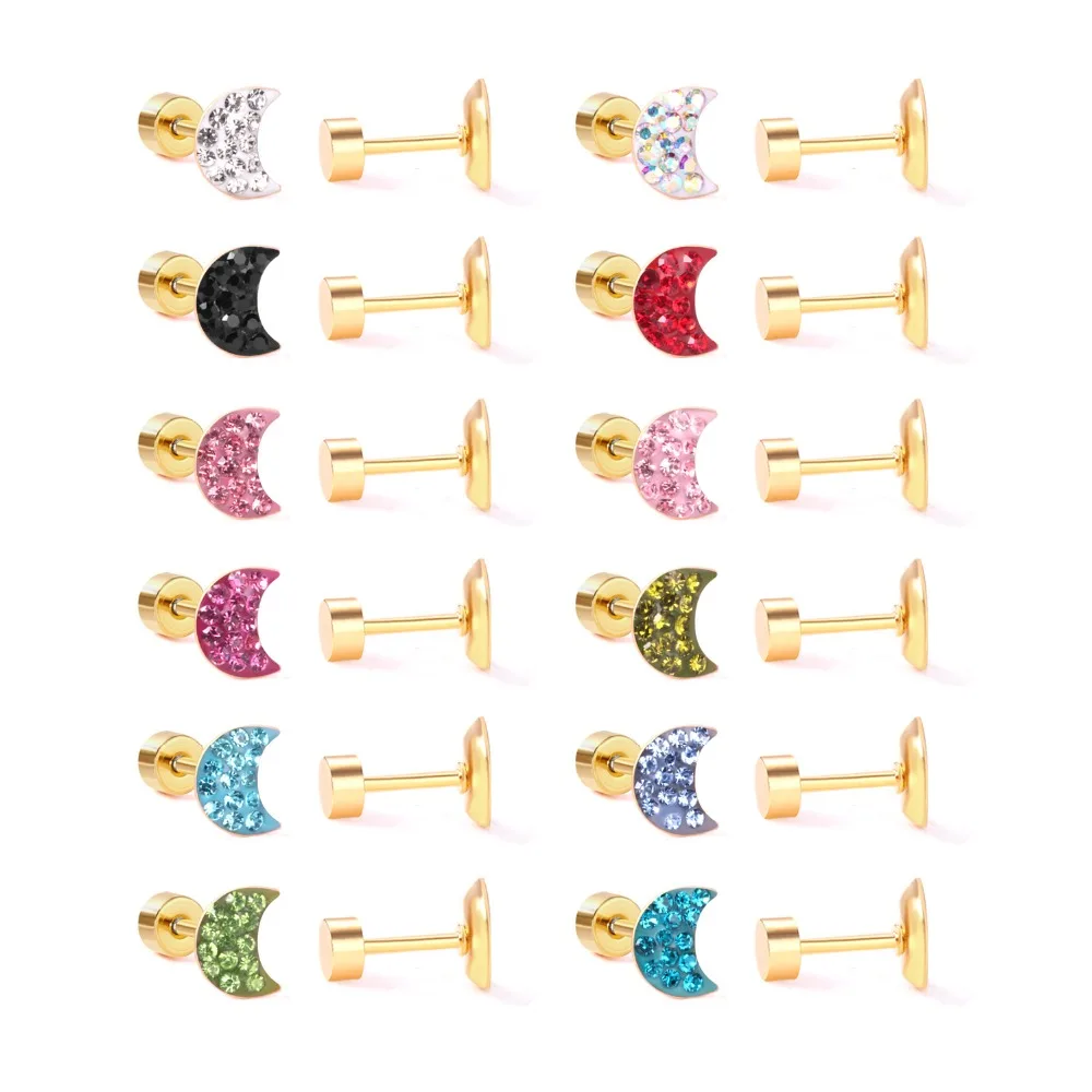 

LUXUKISSKIDS 12Pairs/Lot Wholesale Earrings Lot Jewelry Moon Shape Screw Earrings Stainless Steel Jewellry