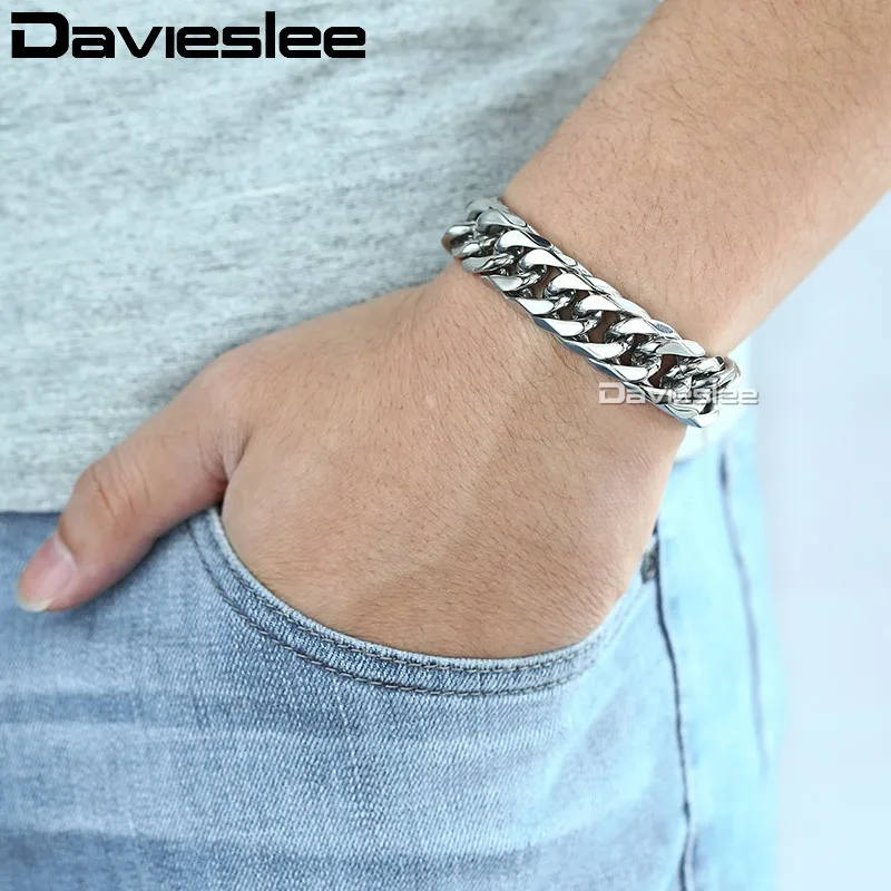 Мужской браслет Davieslee 15 мм серебряного цвета панцирная кубинская ссылка 316L из
