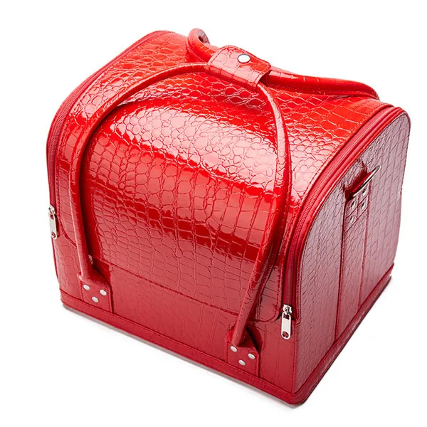 red Чемодан из ПУ-кожи, косметичка, чехол для косметики, большая емкость, переносная косметичка, органайзер, для маникюра, косметологии, чехол для костюма s - Цвет: red