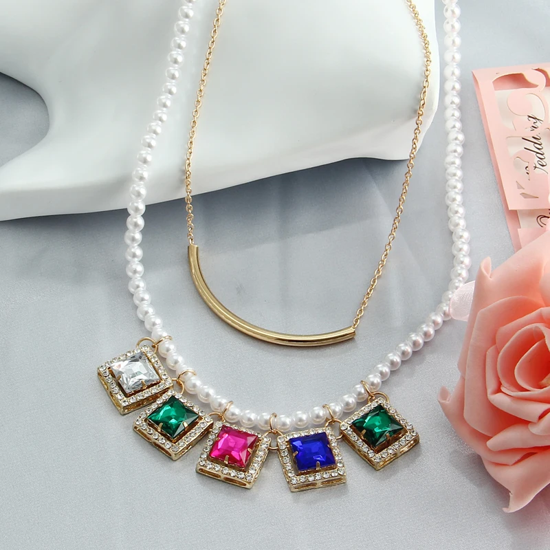 Wholesale Jewelry Imitation Pearl Chain Square Colorful Crystal Pendant Gold Color Clavicle Choker Statement Necklace For Women | Украшения