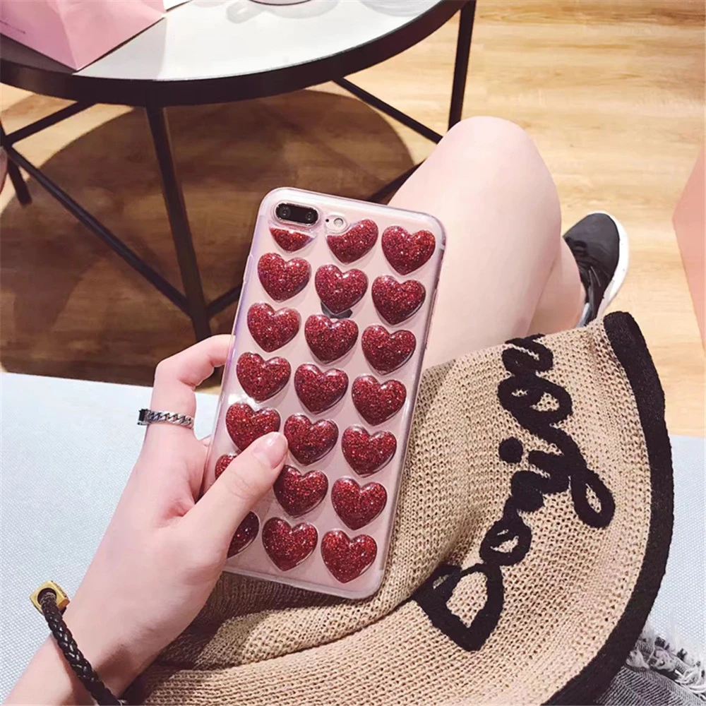3D Блеск порошок Love Hearts мягкие кремния ТПУ прозрачный чехол телефона чехлы для iPhone